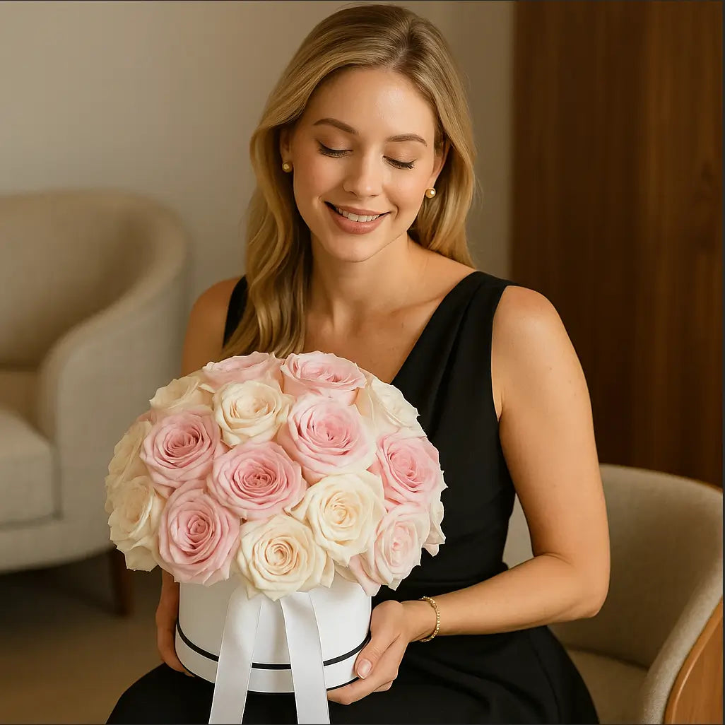Ohara roses in a white hatbox with elegant pastel tones held by blonde woman in black dress â luxury floral gift Miami