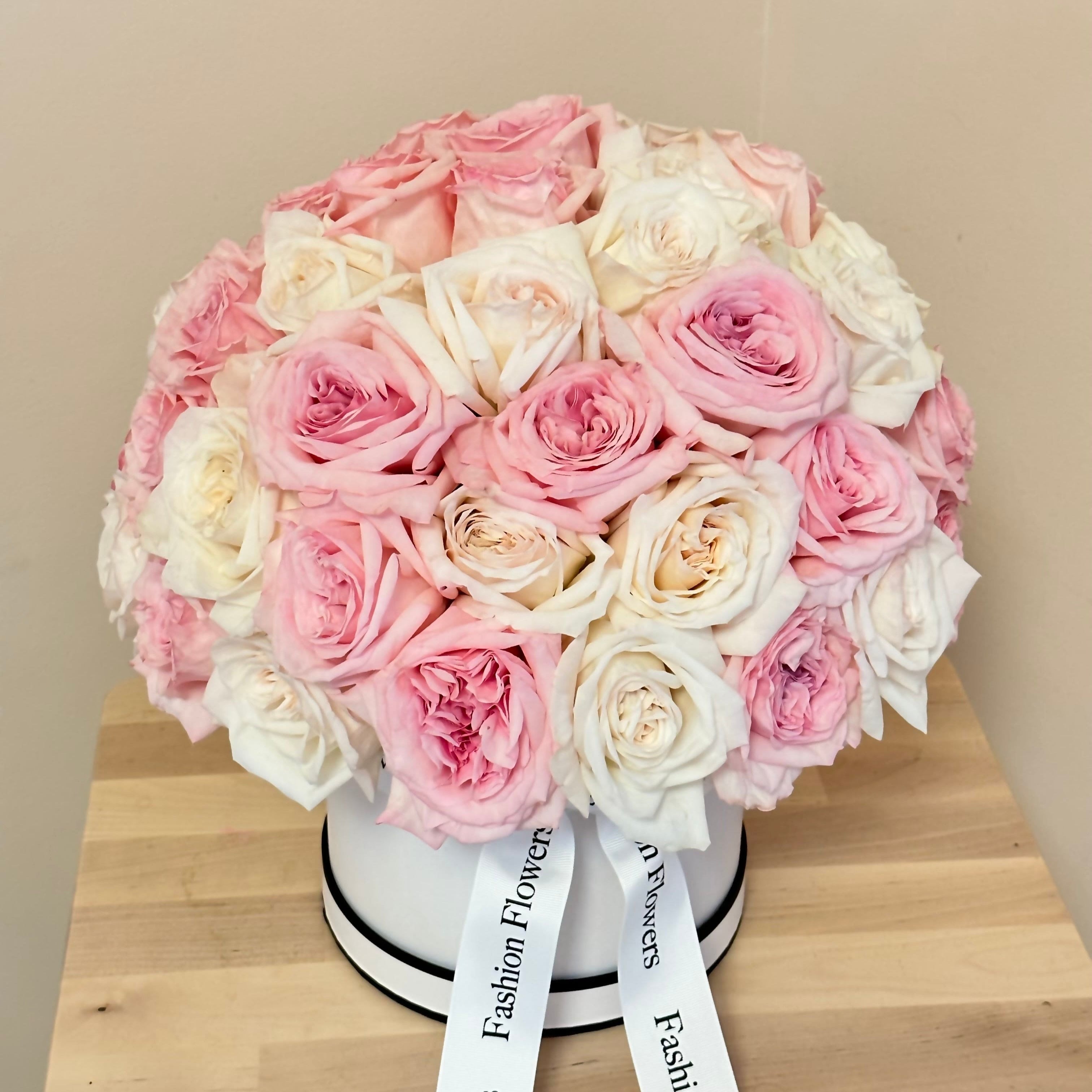 Ohara garden roses in white box with soft pink and ivory tones - Miami floral