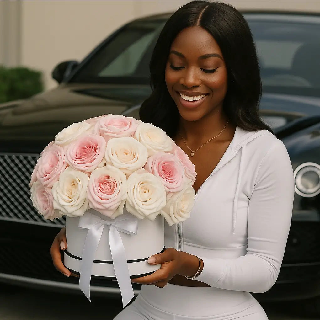 Ohara garden roses in white box with soft pink and ivory tones held by smiling woman near black Bentley â Miami floral