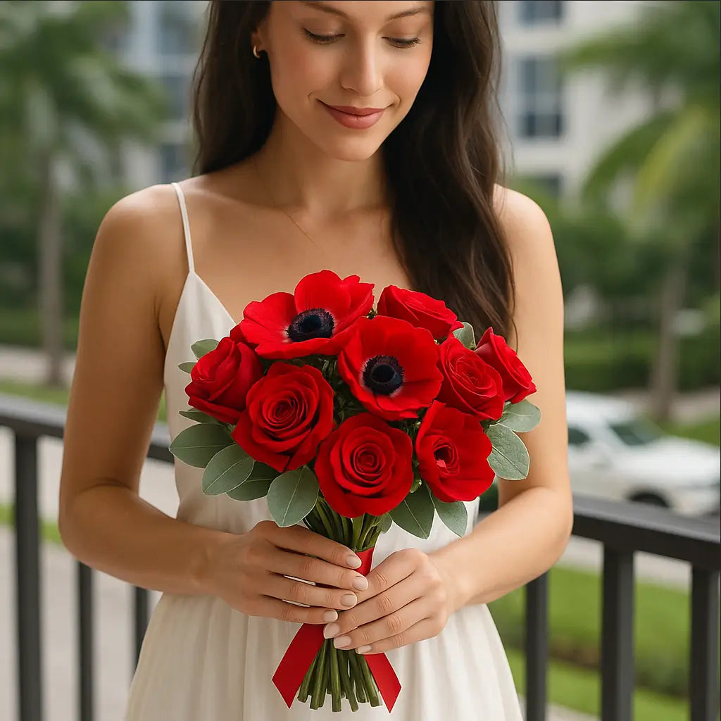 One Love bouquet of red roses and anemones with silver leaves held by elegant woman on balcony — romantic gift Miami