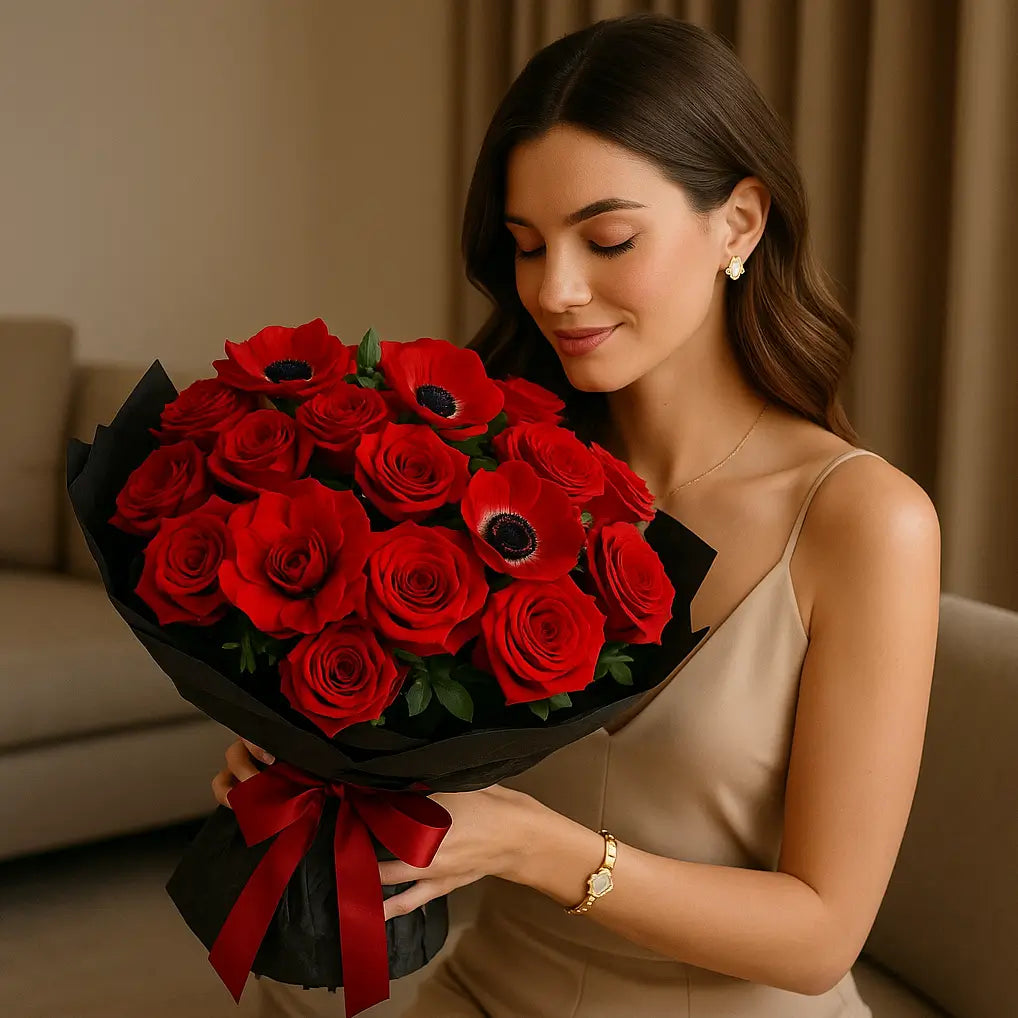 One Love bouquet of red anemones and roses in black wrap with ribbon held by elegant woman indoors — Miami romantic gift