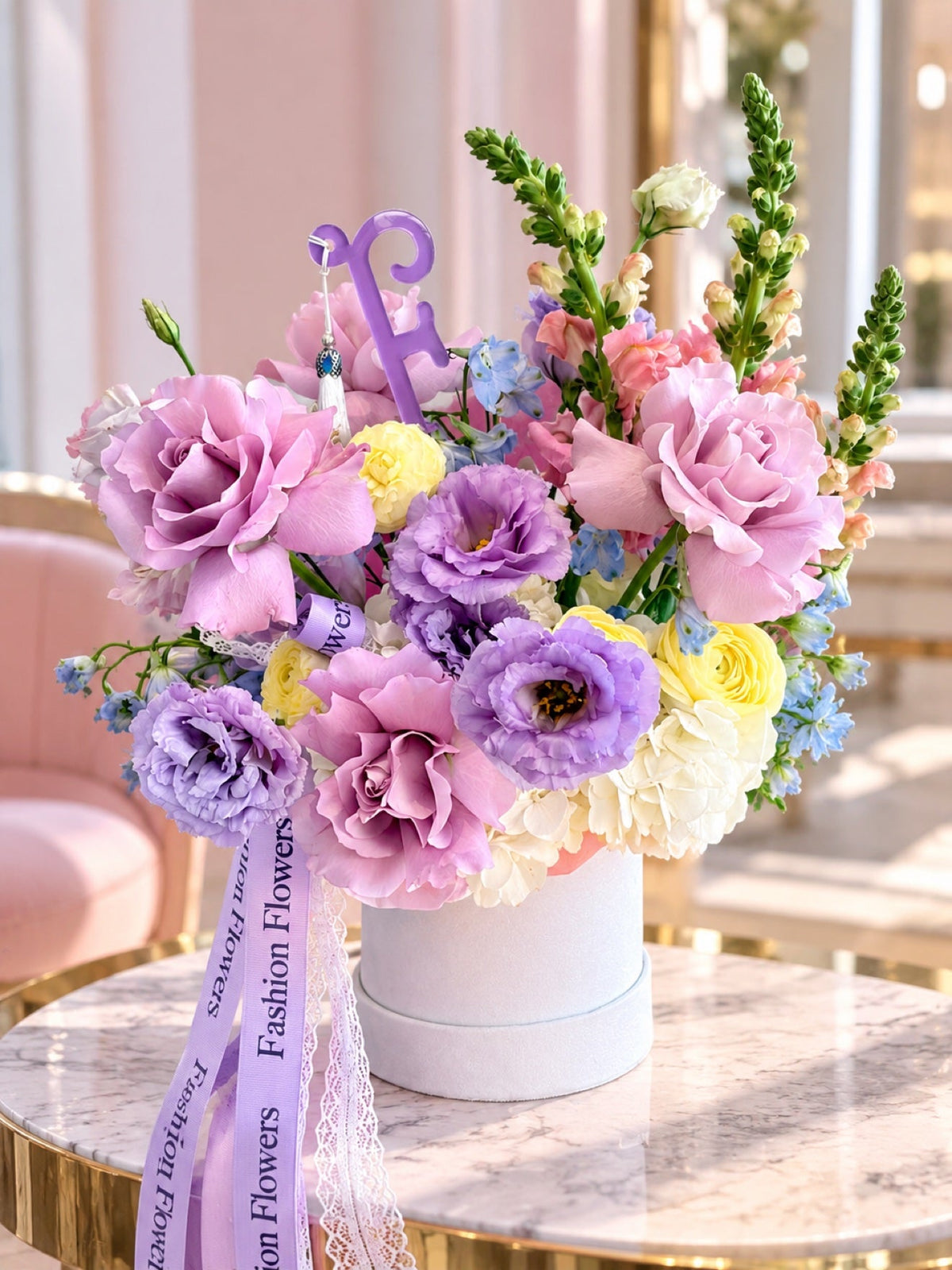 Flower Box Arrangement of purple roses, lisianthus, ranunculus, hydrangeas, delphinium, snapdragons — Pastel Reverie