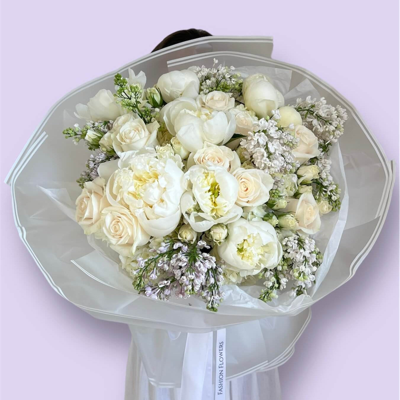 Pearl Sunrise bouquet with white roses and peonies in elegant wrap — luxury flower delivery to villa in Miami