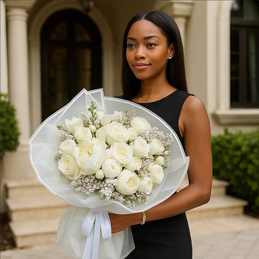 Pearl Sunrise bouquet with white roses and peonies in elegant wrap — luxury flower delivery to villa in Miami