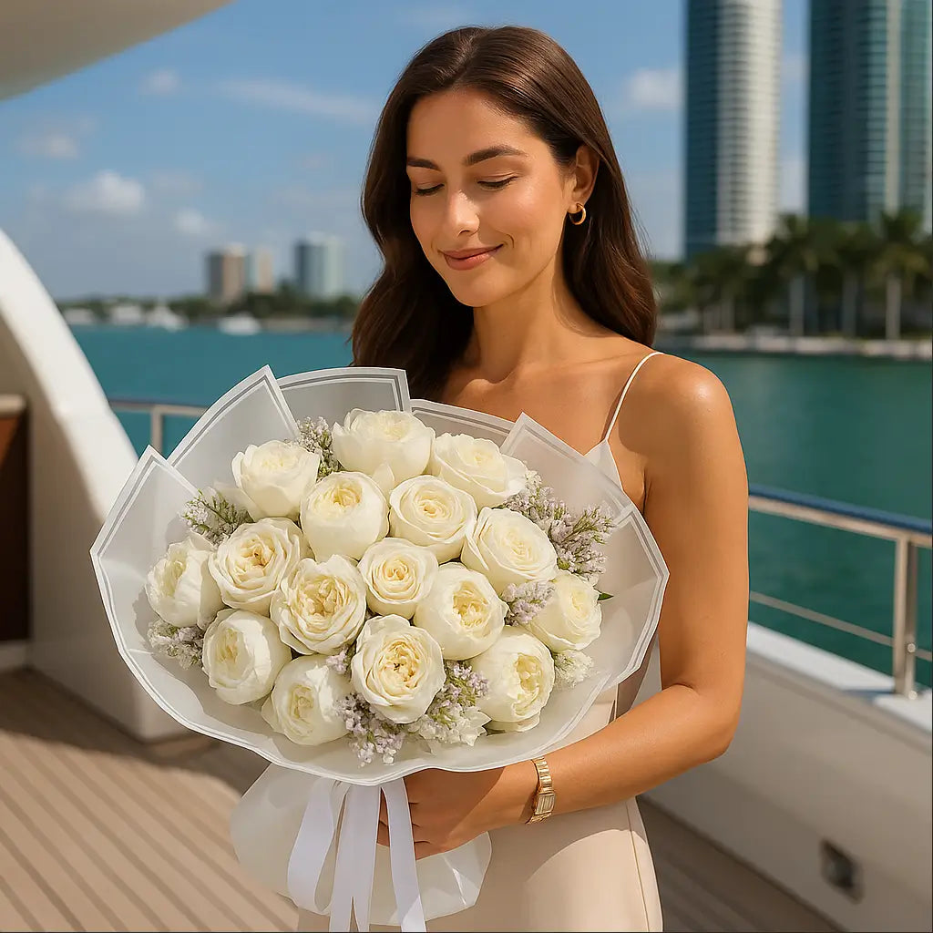 Pearl Sunrise bouquet with white peonies and roses in white wrap — luxury flower delivery on yacht in Miami