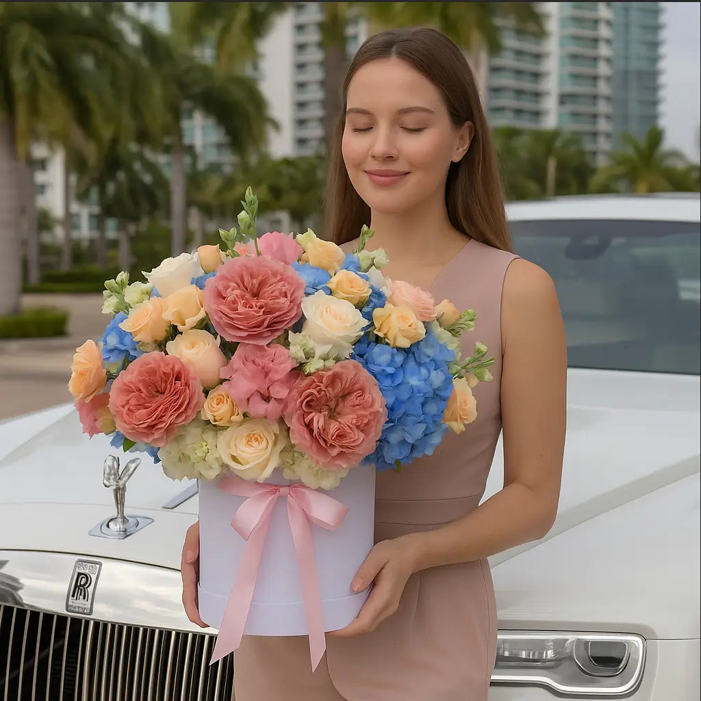 Perfect Bloom designer box with pastel garden roses and blue hydrangeas on Rolls-Royce â luxury flower delivery Miami