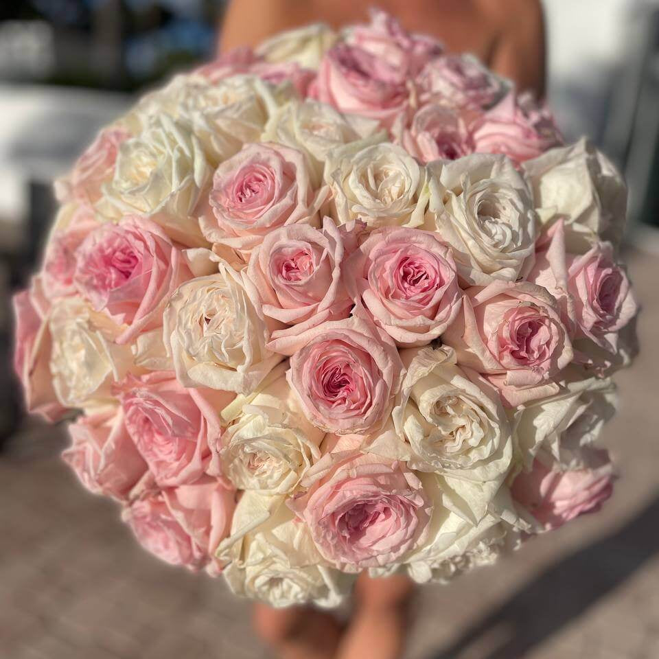 Romantic Harmony bouquet with 200 soft pink and white roses in a semi-sphere shape — luxury flower delivery