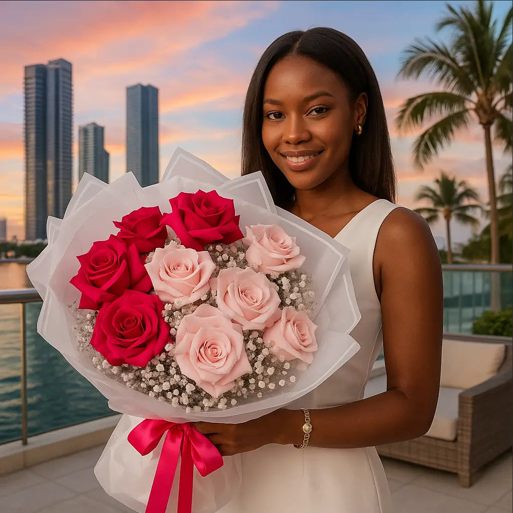Pink Blush hand-tied bouquet with soft pink and hot pink roses — sunset flower delivery Miami with author’s touch