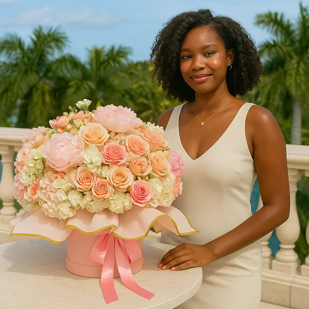 Designer hatbox âPink Cloudâ with pastel roses and peonies on a villa terrace â luxury flower delivery Miami