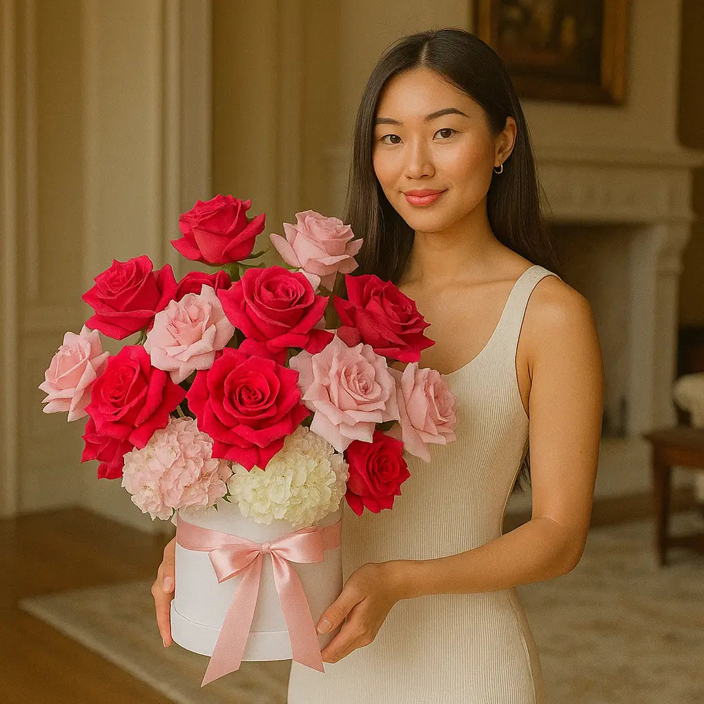 Luxury designer box “Pink Expression” with hot pink and blush roses tied with satin ribbon — Miami flower delivery