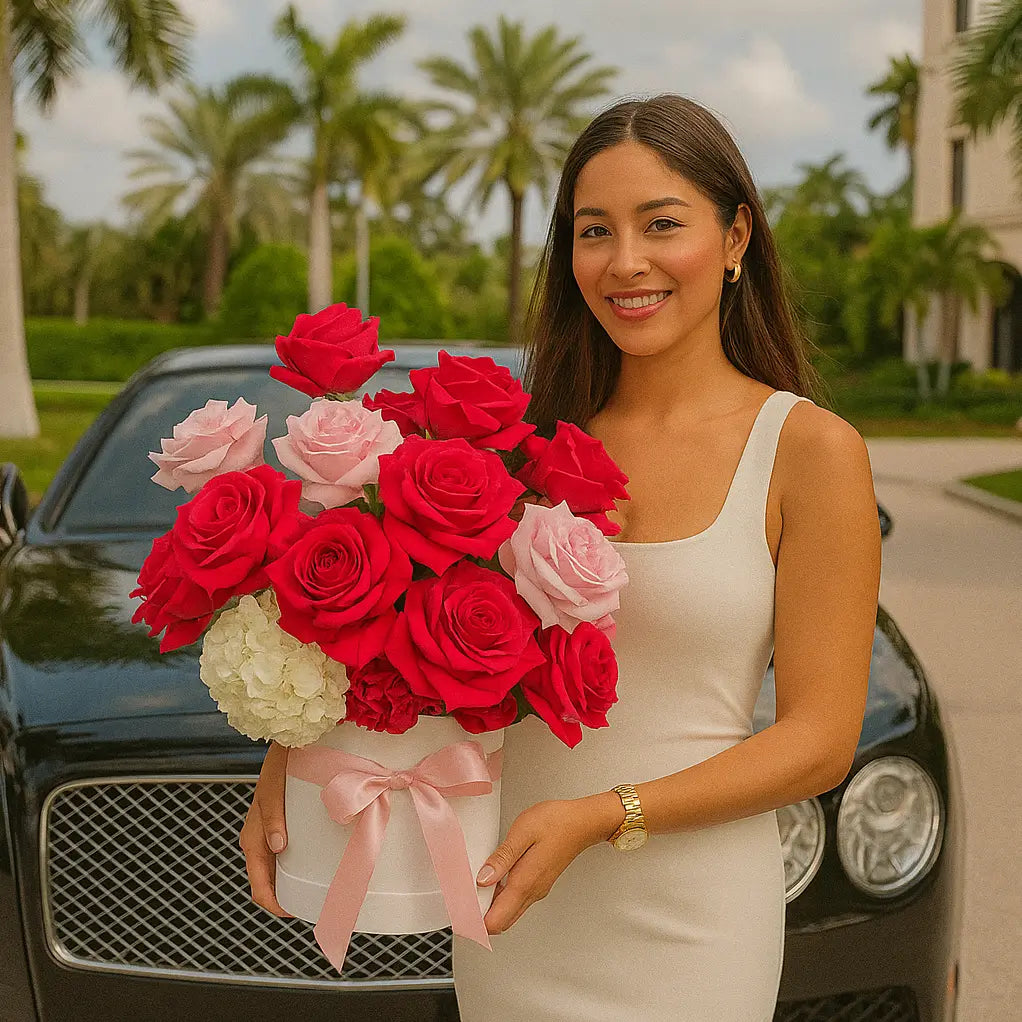 Elegant flower box “Pink Expression” with soft pink and bold roses by Bentley — luxury flower delivery Miam