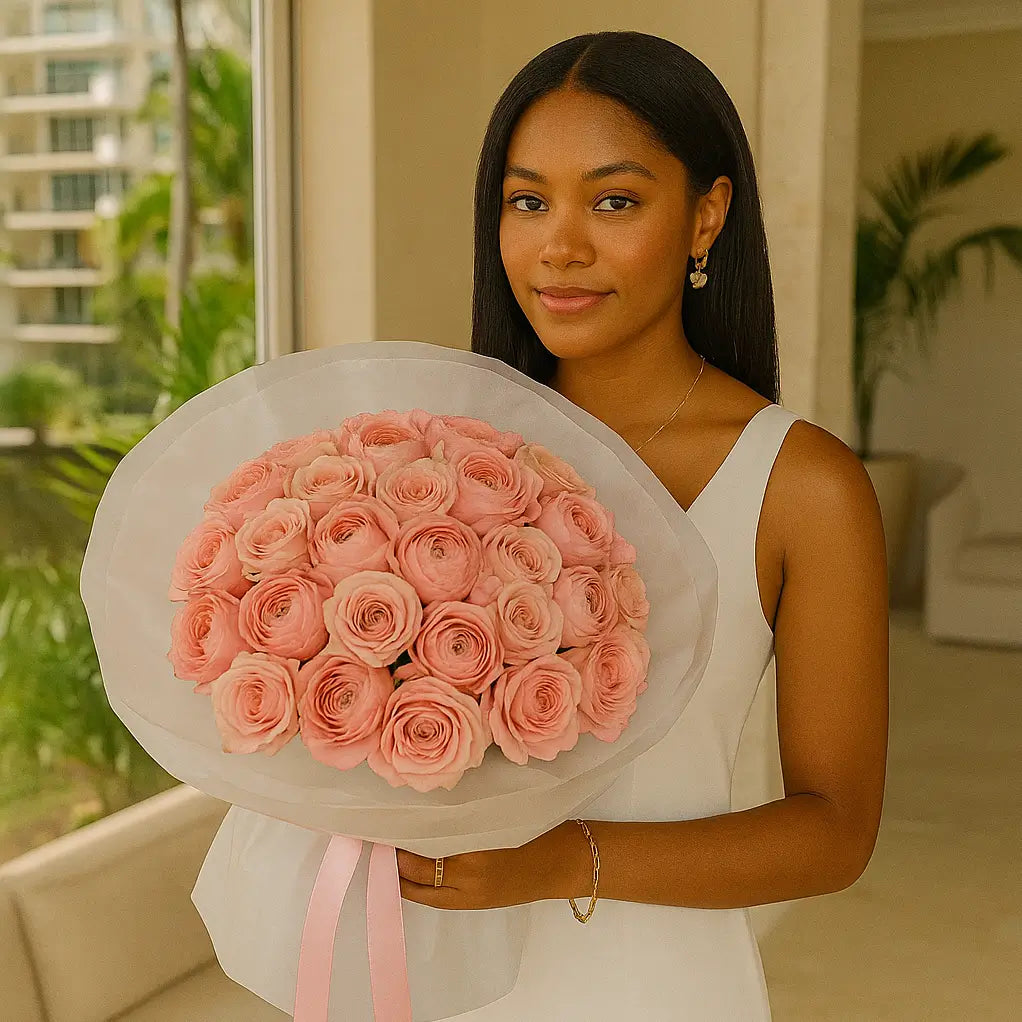 Elegant bouquet of 100 pink roses and ranunculus in translucent wrap — luxury flower delivery Miami