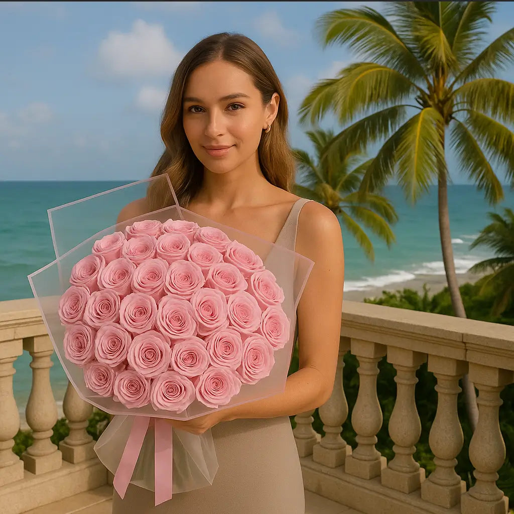 Elegant hand-tied bouquet of 50 pink garden roses in sheer wrap on a balcony with ocean view â luxury flower delivery Miami