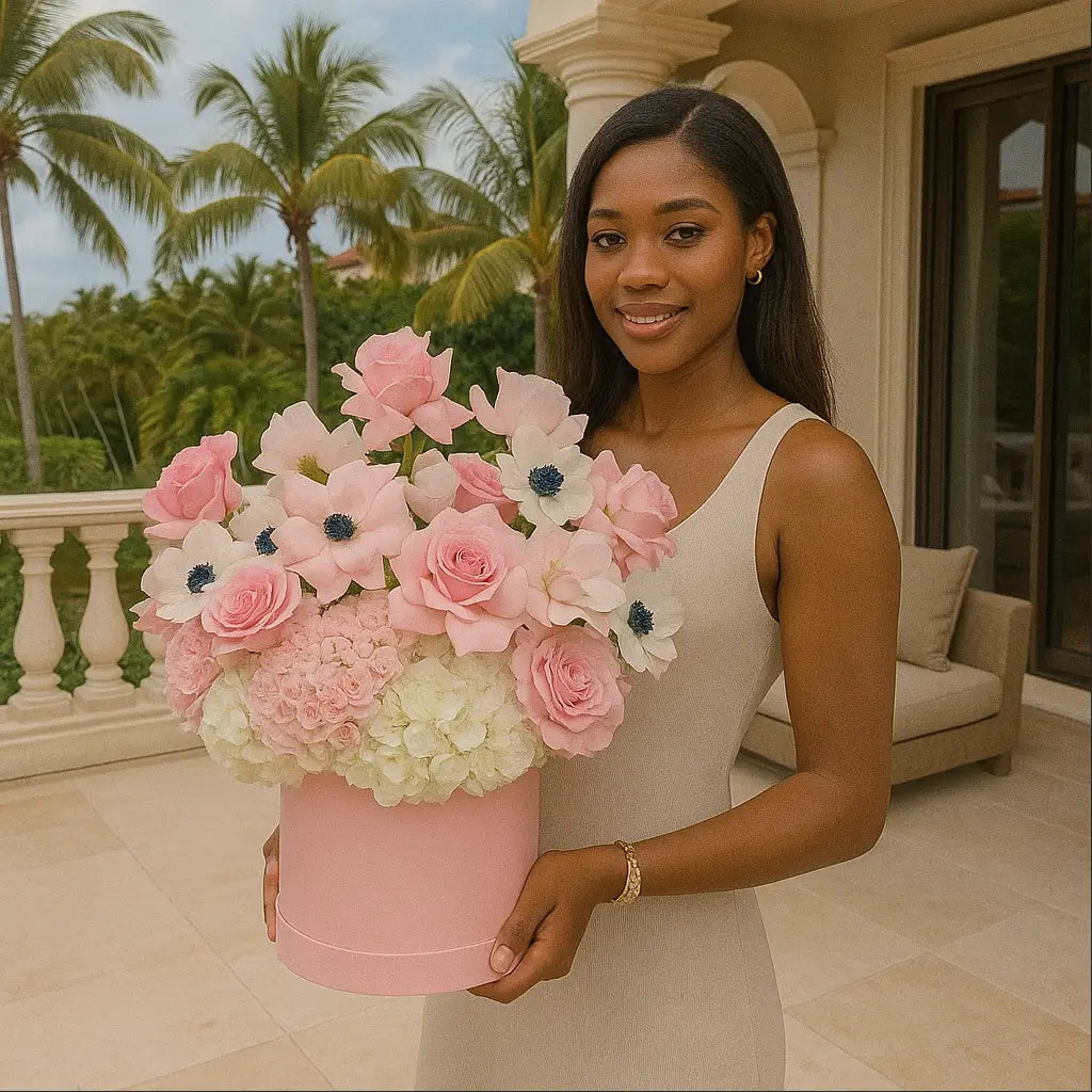 Voluminous pink hatbox bouquet âPink Vibesâ with roses and hydrangeas on villa terrace â luxury flower delivery Miami