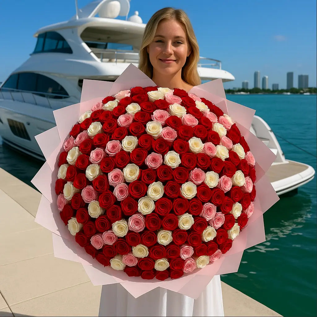 Pretty Mix luxury bouquet of 200 small roses in white, pink, and red — flower delivery Miami by the yacht