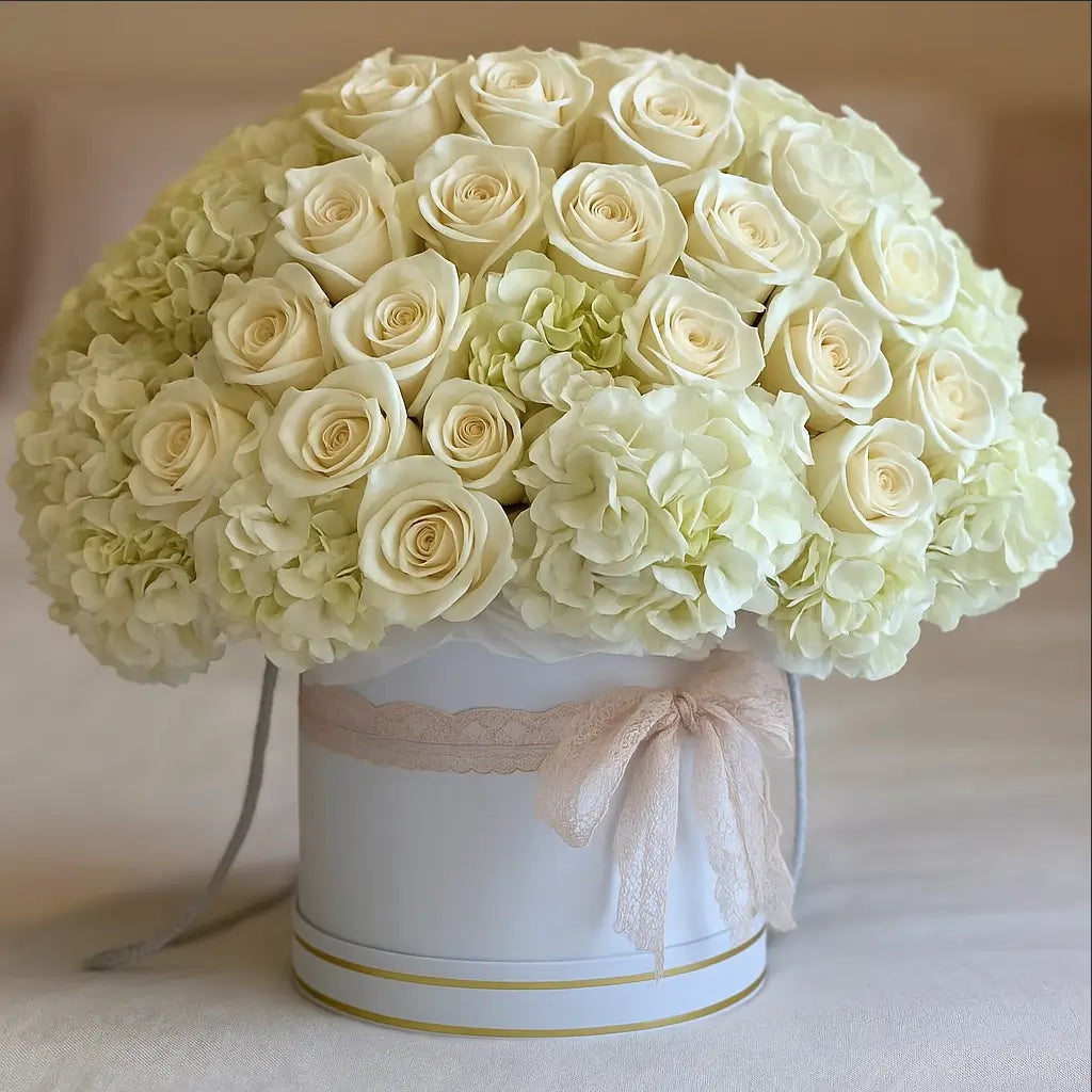 Princess Dream bouquet in designer box with cream roses and hydrangeas — white elegance limited luxury flower delivery Miami