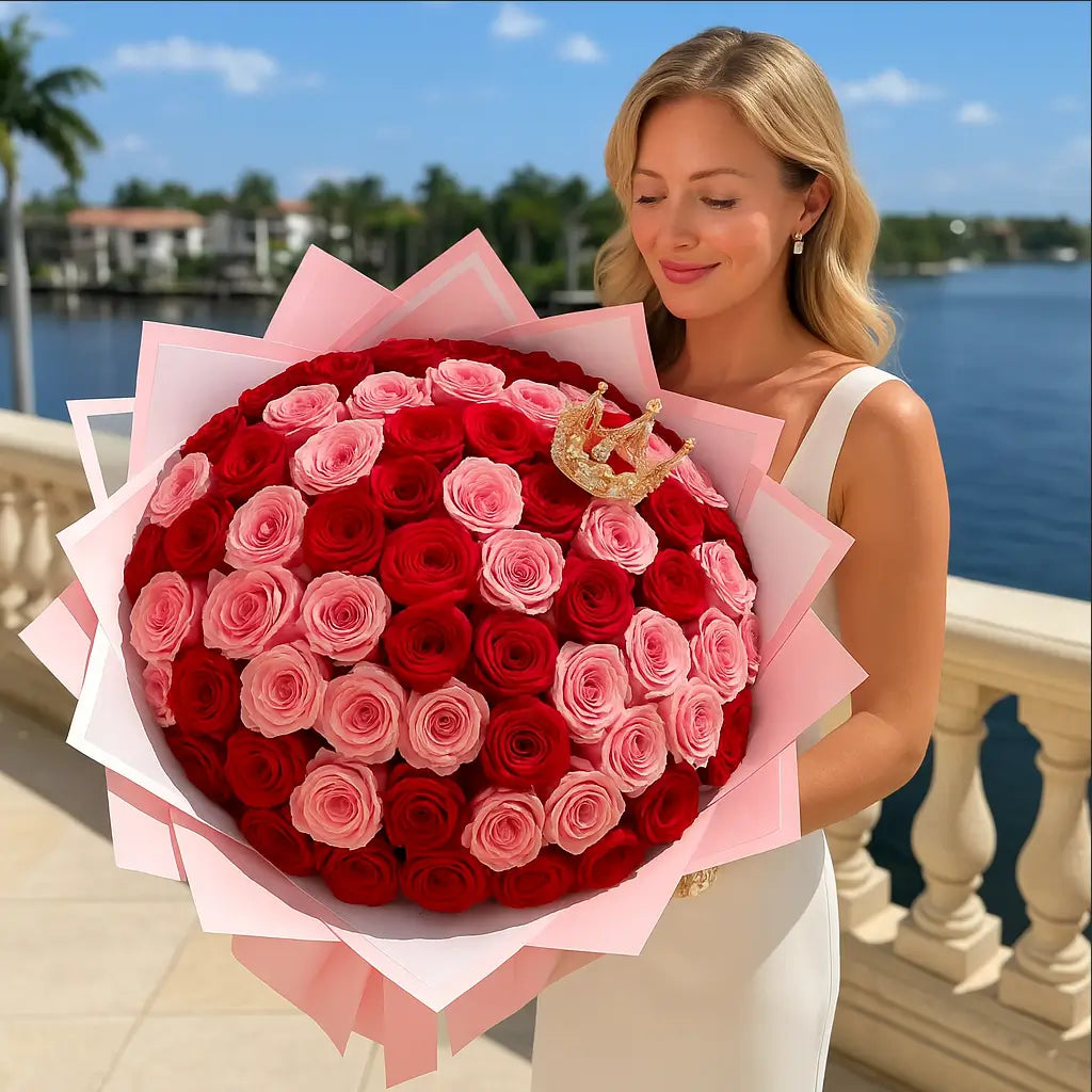 Princess Mix bouquet with 200 red and pink roses and a golden crown — luxury flower delivery Miami