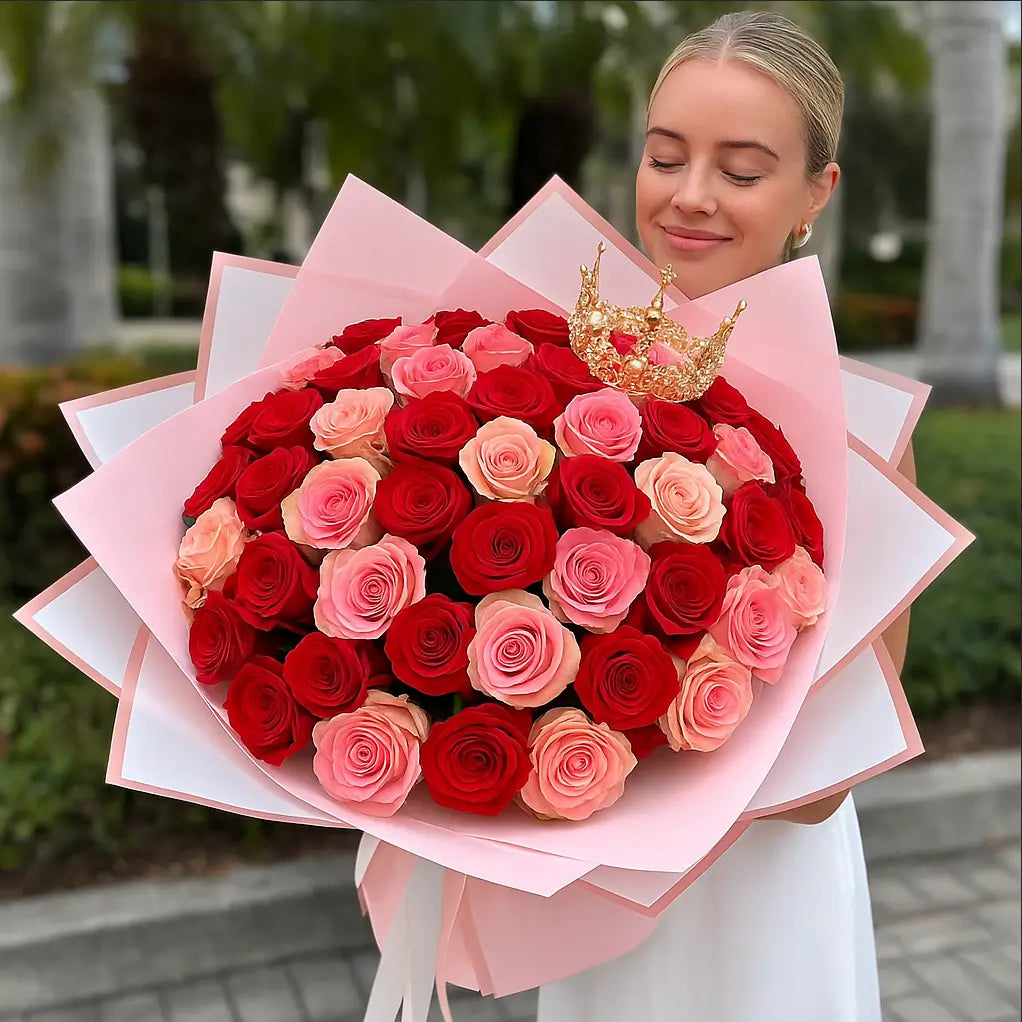 Princess Mix bouquet with red and pink roses and a crown — hand-tied luxury flower composition Miami