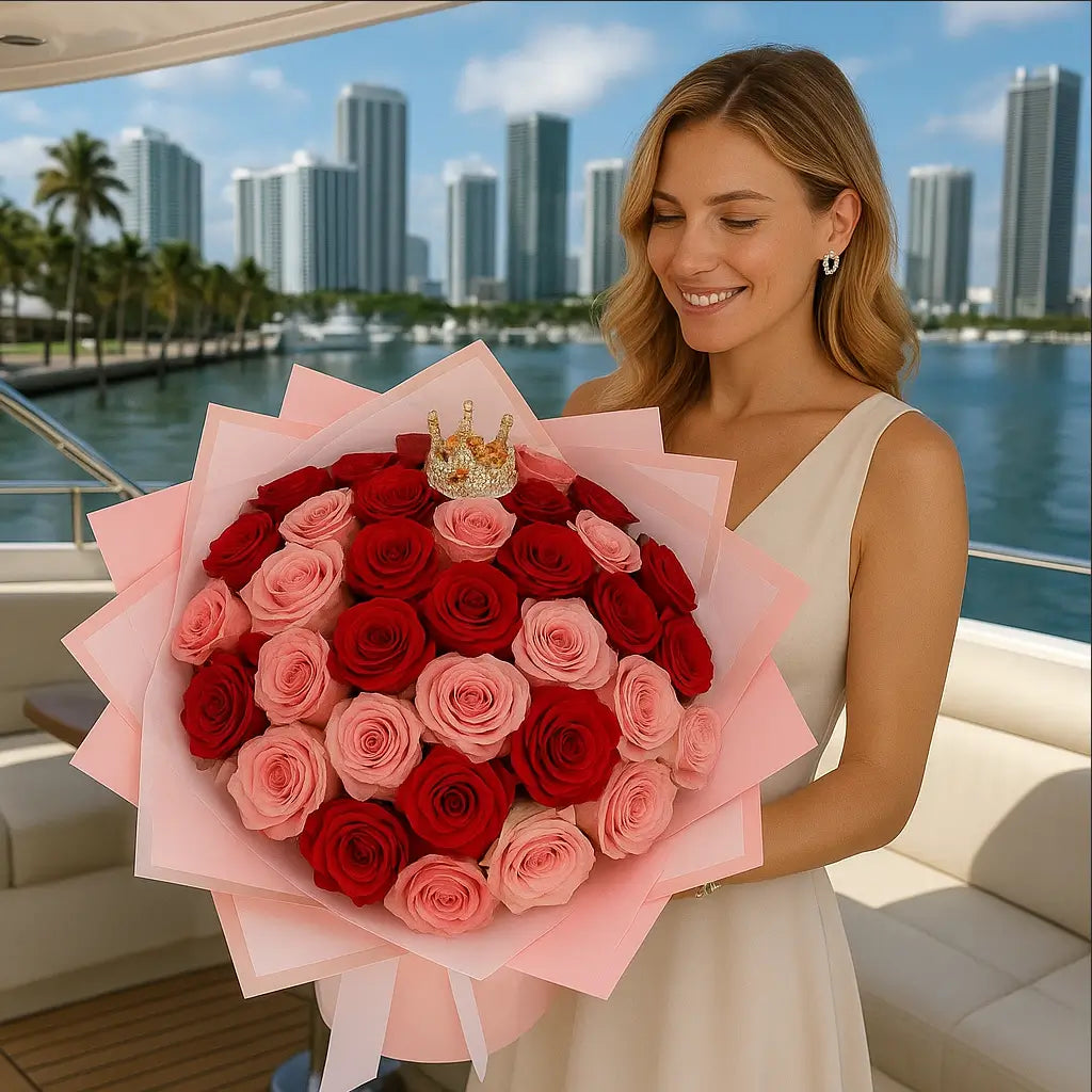 Princess Mix bouquet of red and pink roses with golden crown — luxury flower composition on yacht in Miami