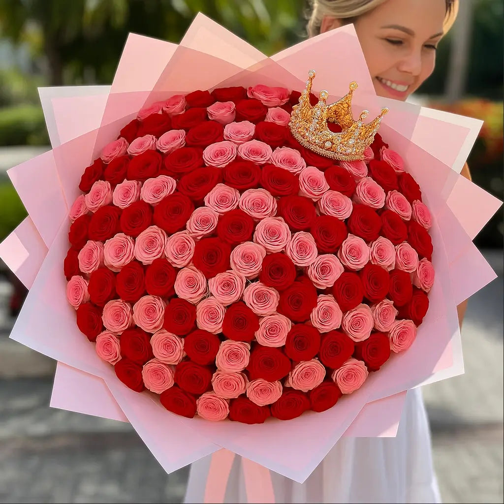 Princess Mix bouquet with small red and pink roses and crown — voluminous luxury composition Miami