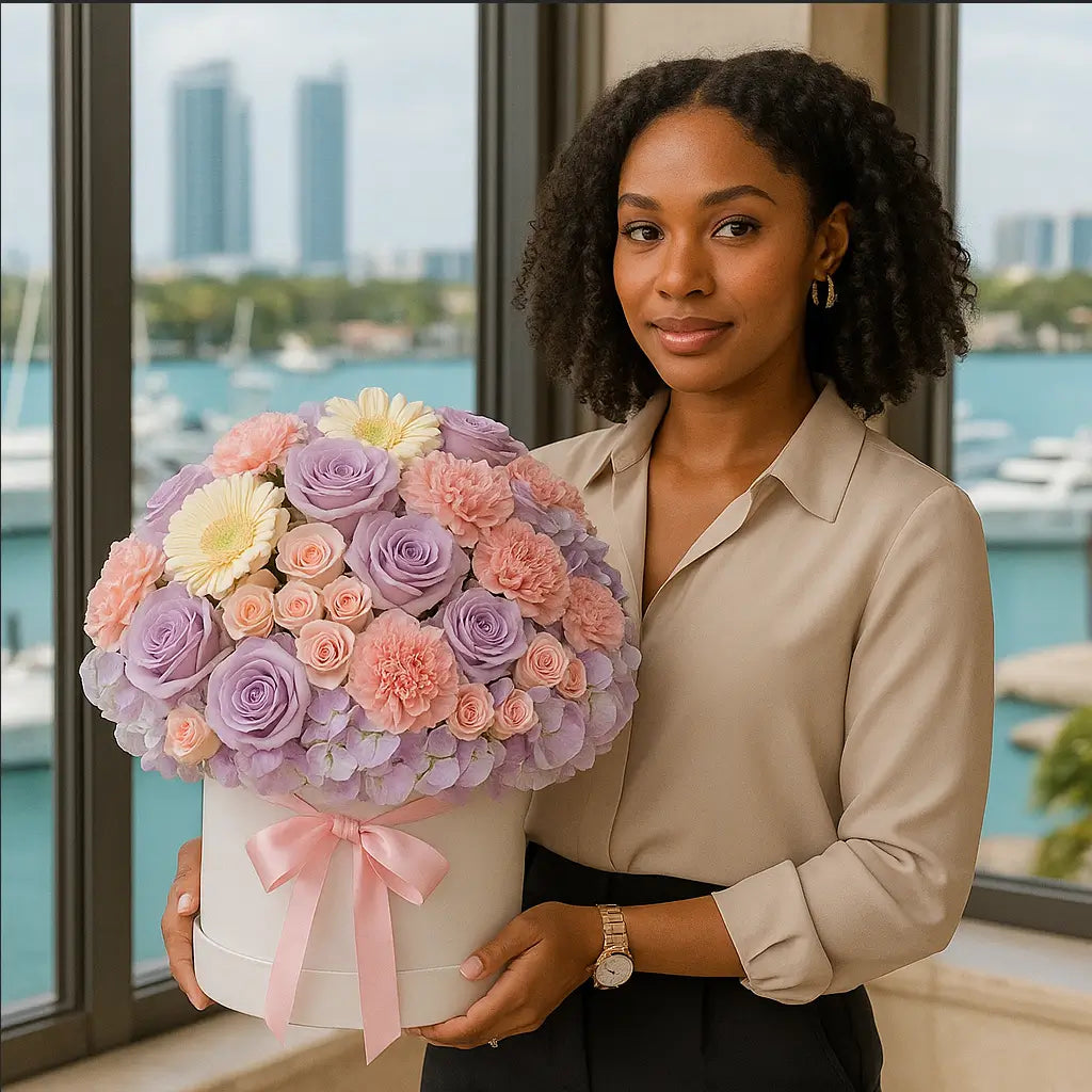 Designer lavender flower box with roses and carnations held by a woman in front of a marina — luxury same-day delivery Miami