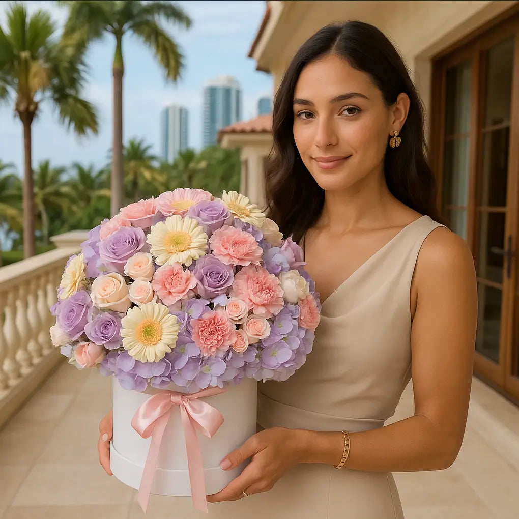 Purple paradise bouquet with lavender roses and carnations in a white designer box — luxury flower delivery Miami balcony