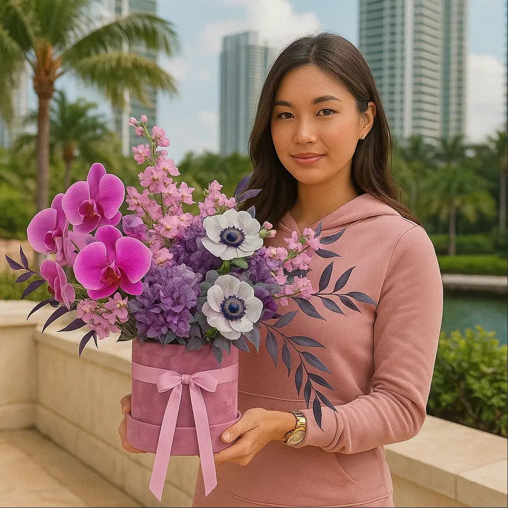 Purple velvet bouquet with orchids and white anemones in a pink designer box held by woman — luxury flower delivery in tropical Miami