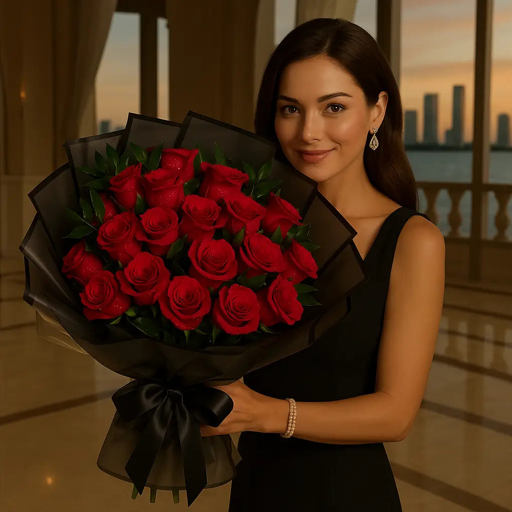 Red Cascade hand-tied bouquet with red roses and dark wrap held by elegant woman at sunset on Miami villa terrace