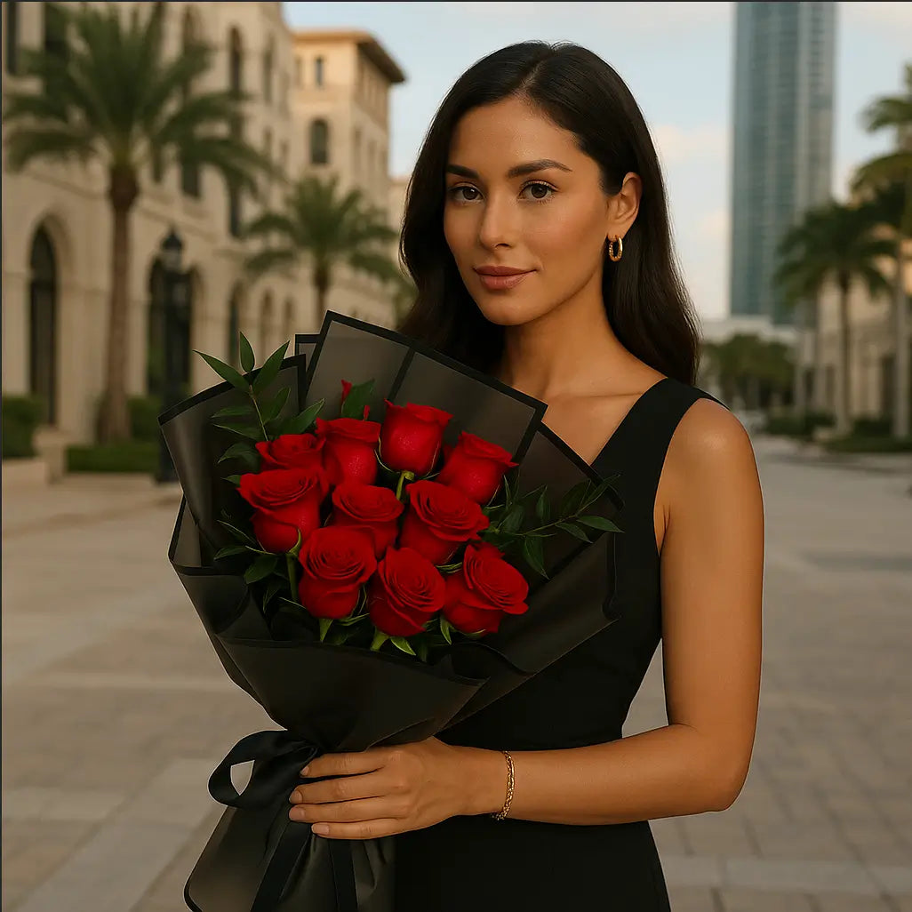 Red Cascade hand-tied bouquet with red roses in black wrap held by elegant woman in urban luxury setting — flower delivery Miami