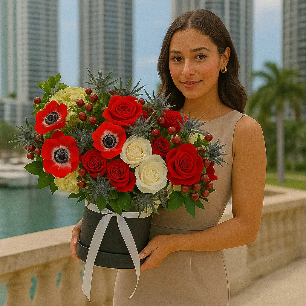 Red forest bouquet with roses, white anemones and thistles in a black designer box â luxury flower delivery in Miami