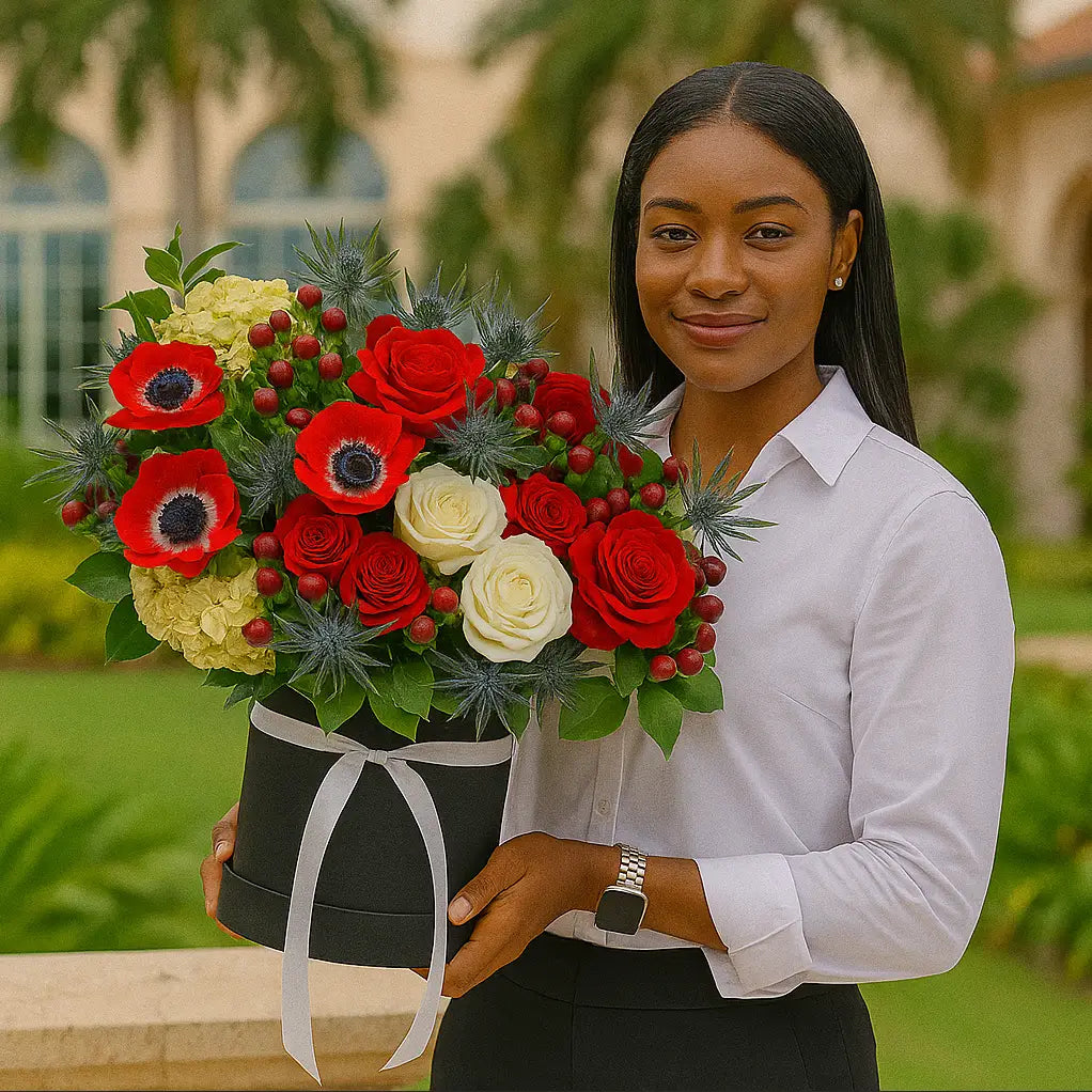 Red forest floral bouquet with anemones and berries in a black luxury box â held by woman in Miami tropical garden
