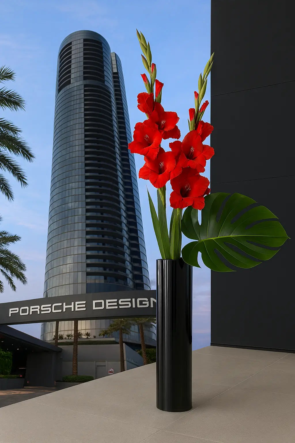 Luxury red gladiolus arrangement with Porsche Design Tower backdrop — premium corporate floral decor in Miami