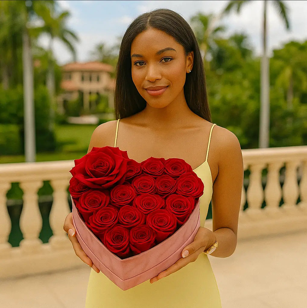 Elegant heart-shaped bouquet of 50 red roses in velvet box held by woman on tropical villa balcony — luxury Miami flower gift