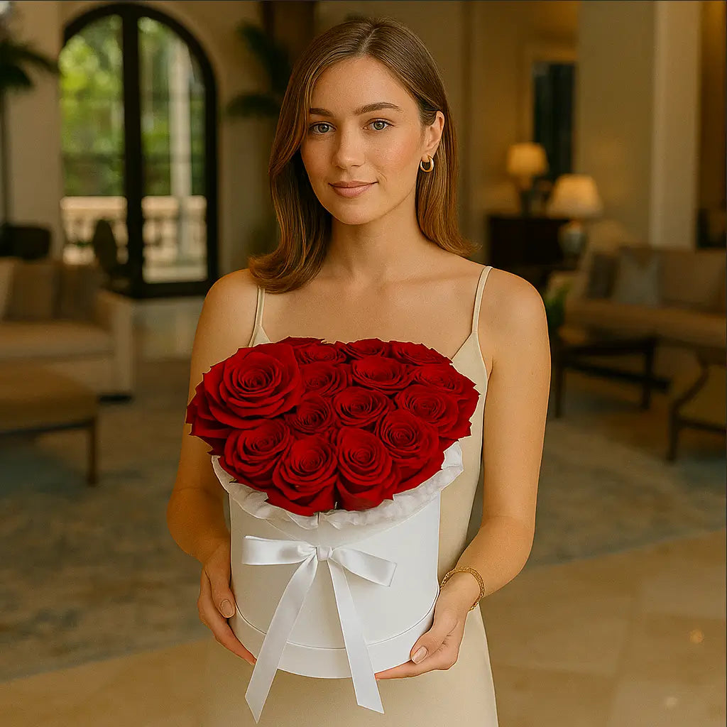 Red in white bouquet with 50 red roses in elegant white box held by woman in luxury lounge — premium flower gifting Miami