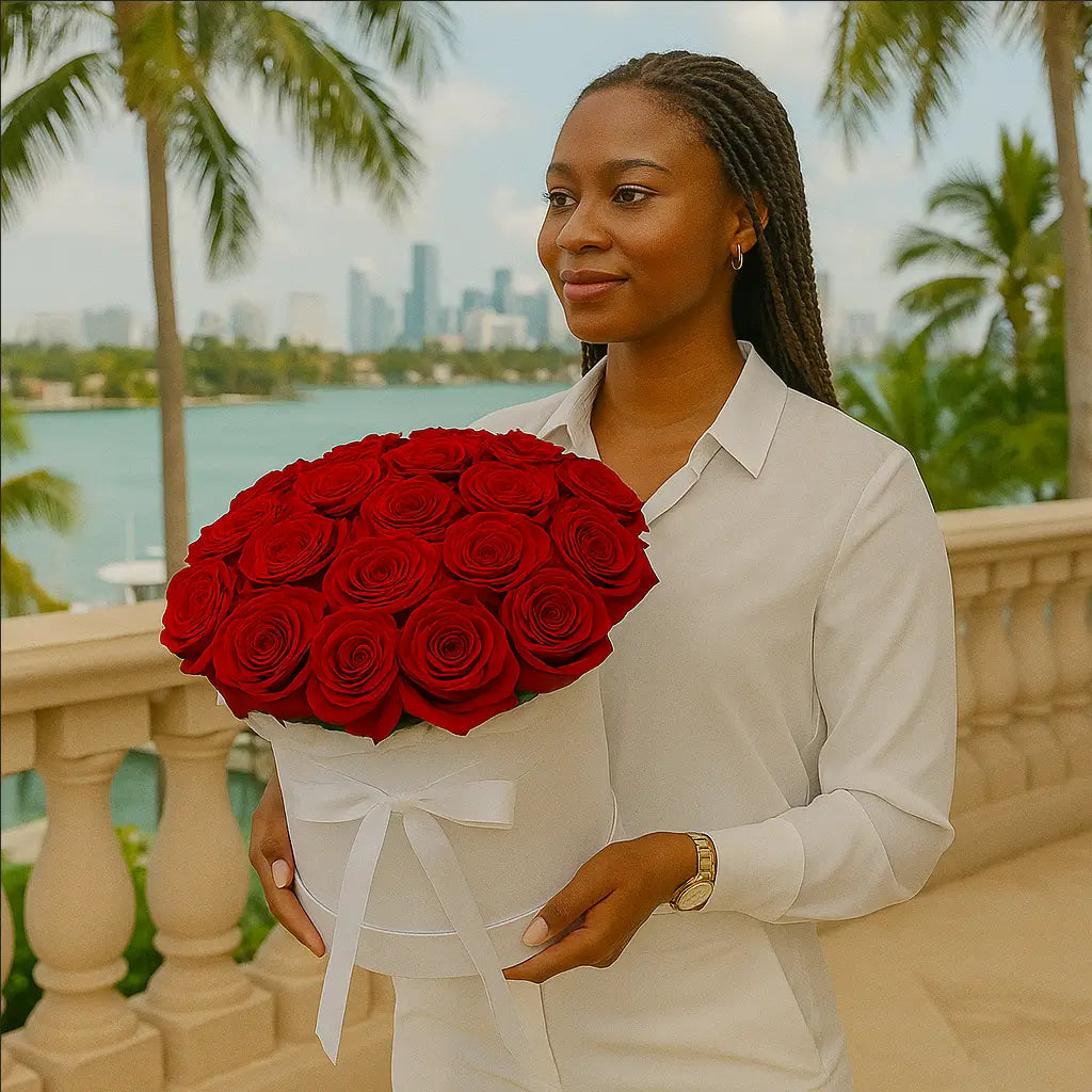 Luxury red rose bouquet in elegant white box held by woman on tropical villa balcony — premium flower delivery Miami