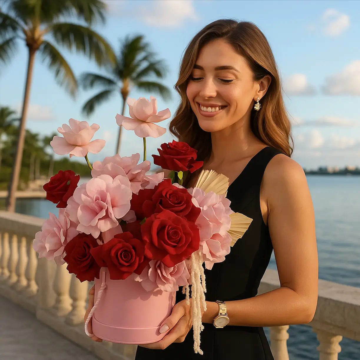 Beautiful Flamingo flower box with red and blush roses â luxury flower delivery in Miami with artistic designer touch