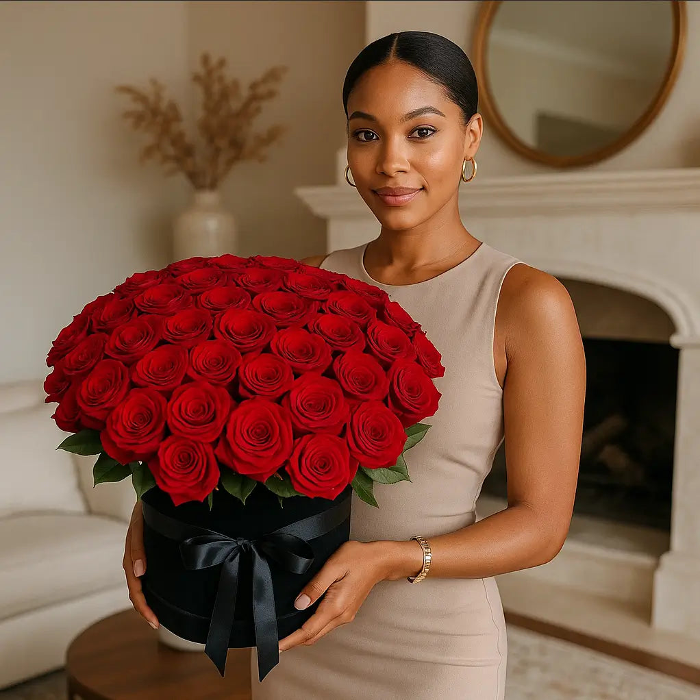 Red roses in black velvet box â 100 roses held by woman in elegant living room with fireplace â Miami luxury flower delivery
