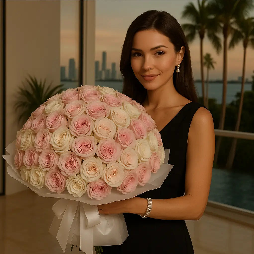Romantic Harmony bouquet with 200 soft pink and white roses in a semi-sphere shape, held by elegant woman at sunset in Miami — luxury flower delivery
