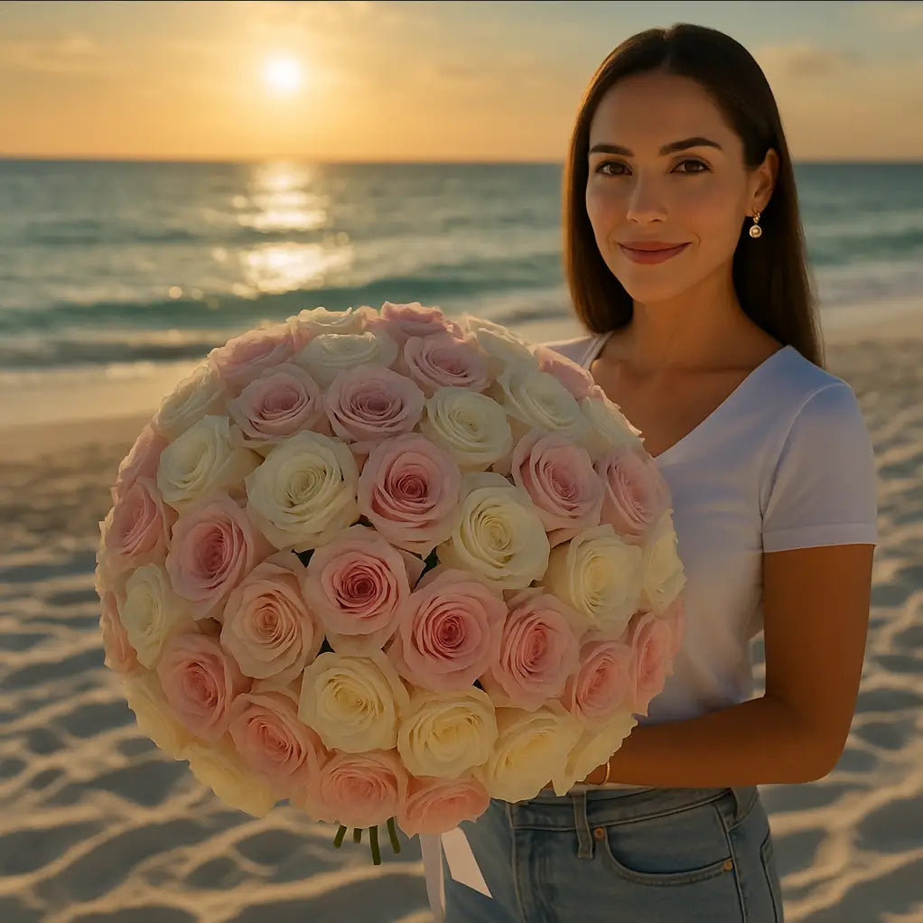 Romantic Harmony bouquet with 200 pink and white roses in semi-sphere shape held by elegant woman on Miami beach at sunset — luxury flower delivery