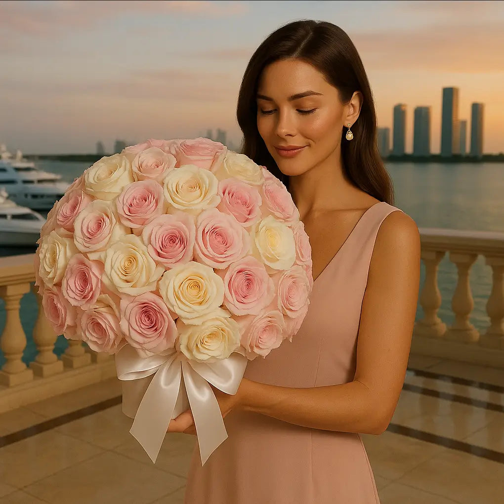 Romantic Harmony bouquet with 200 white and soft pink roses in hand-tied wrap held by elegant woman at Miami waterfront at sunset