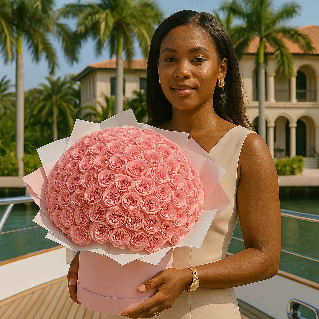 Elegant bouquet of 200 pink roses with transparent and pink wrapping held on a yacht in Miami — luxury same-day flower delivery