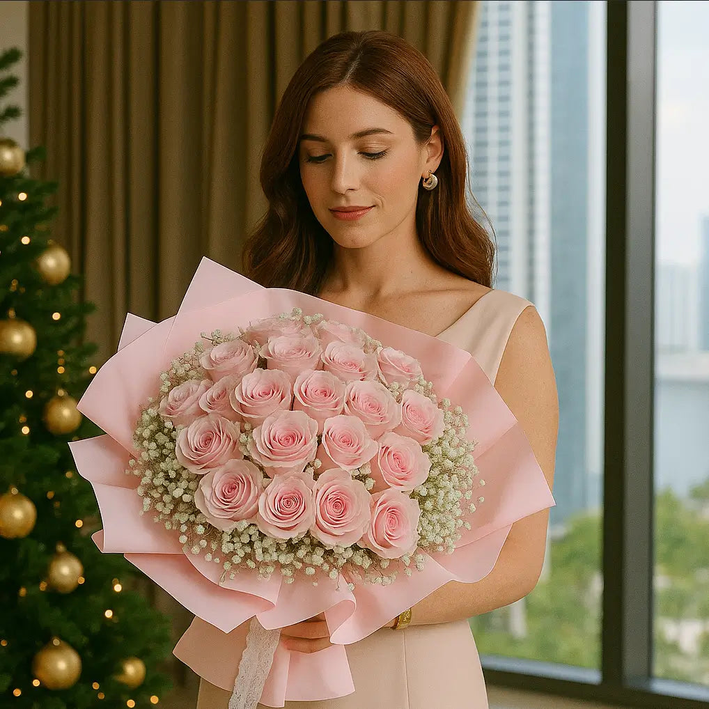 Luxury hand-tied bouquet of 200 soft pink roses with wrapping and baby’s breath — perfect for romantic gifting in Miami