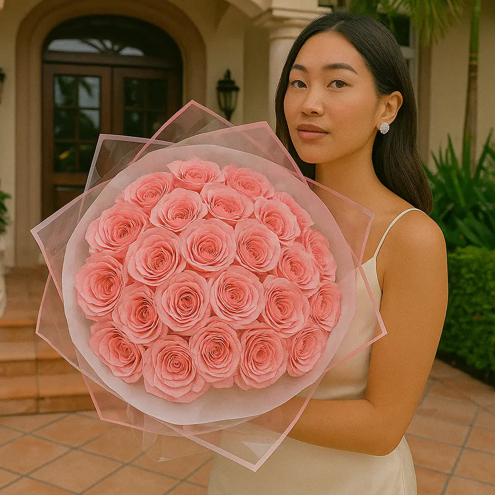 Hand-tied bouquet of 100 pink roses with transparent and pink wrapping held by a woman near a luxury Miami villa â same-day delivery