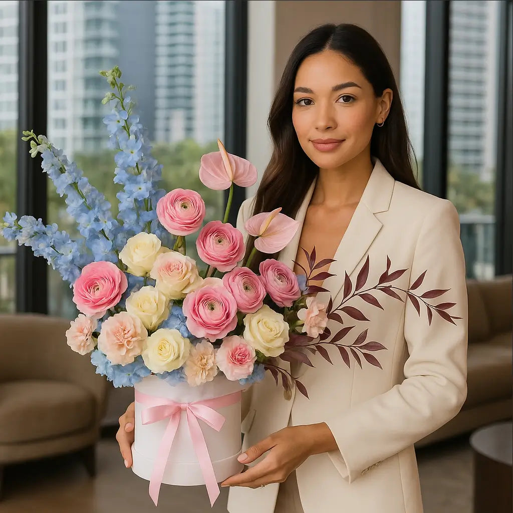 Shadows in Paradise bouquet with pastel ranunculus and roses in designer box held by woman in luxury high-rise lounge — Miami flower gift