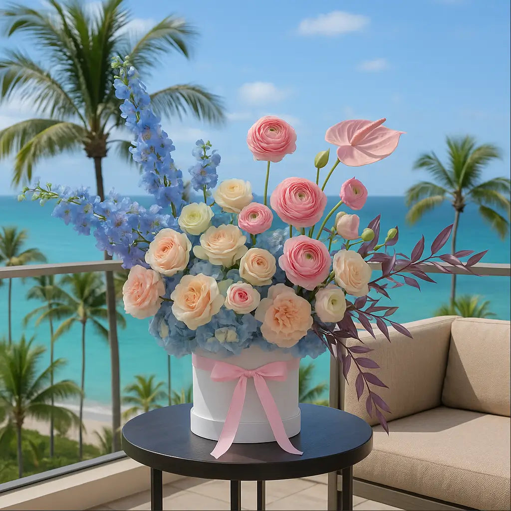 Shadows in Paradise pastel bouquet with soft roses and delphinium in white hatbox on tropical oceanfront terrace — luxury flower design Miami