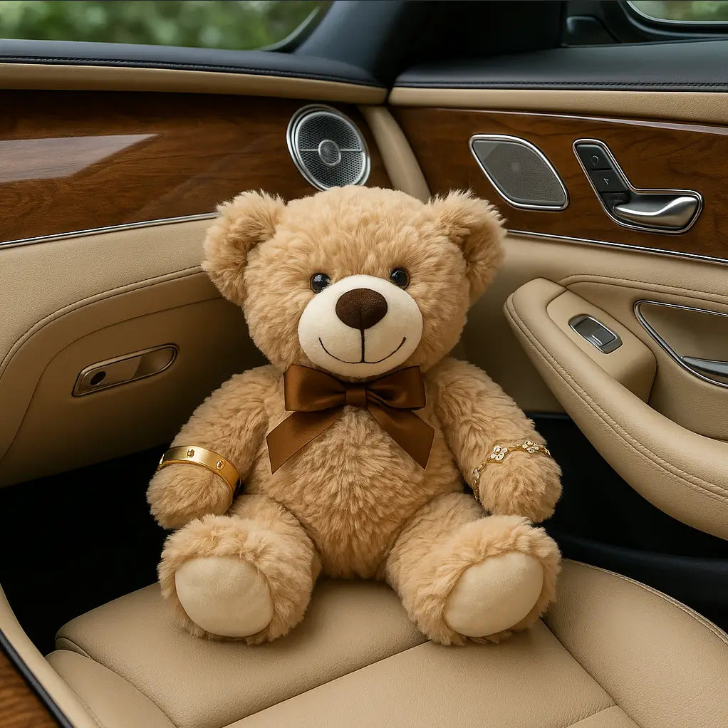 Soft brown teddy bear with a satin bow and gold bracelets seated in a luxury beige car interior â romantic surprise in Miami