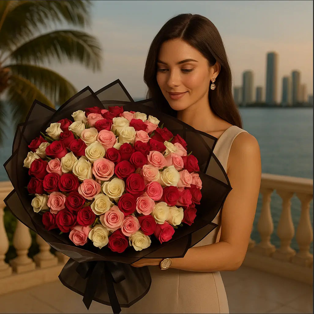 Spring Fling hand-tied bouquet with 150 roses in red, white and pink tones in black wrap â held by elegant woman on balcony in Miami
