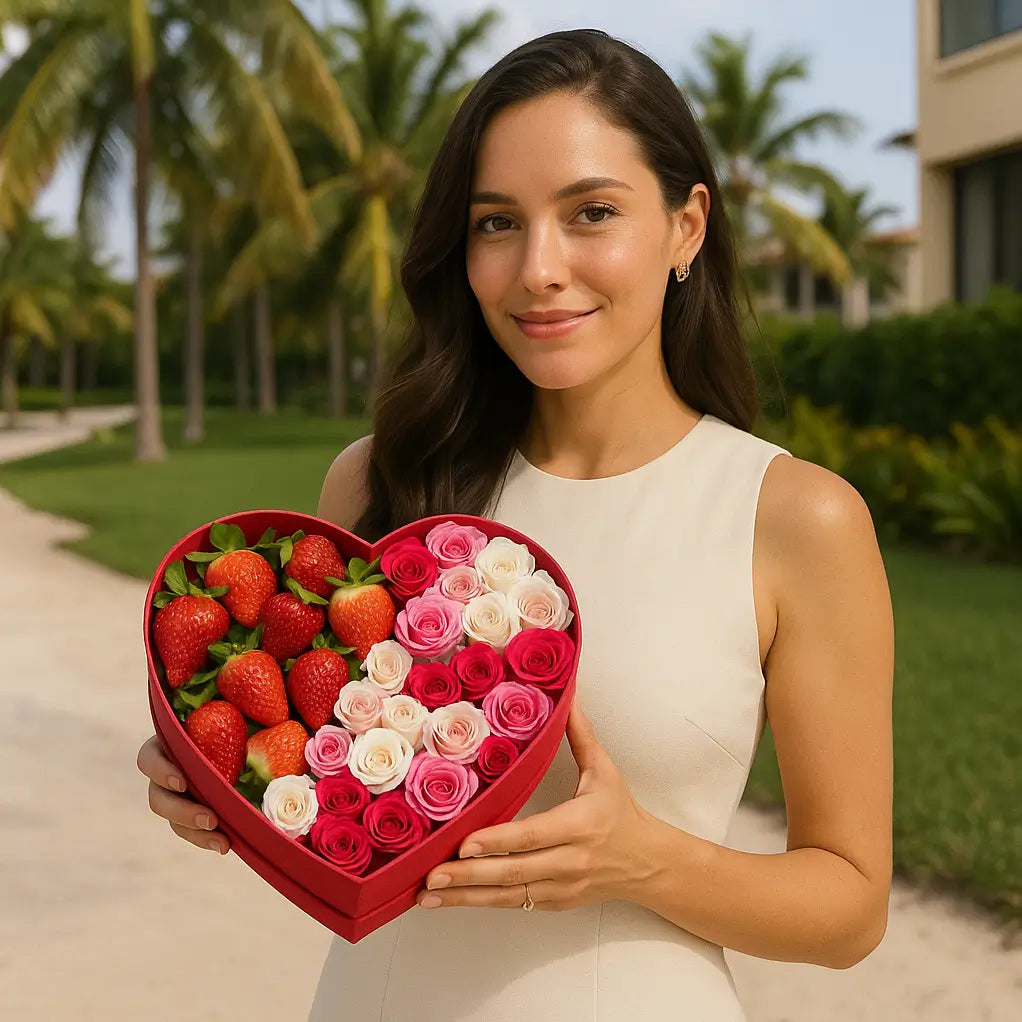 Strawberry Love heart-shaped box with roses and strawberries held by woman in tropical garden — romantic luxury gift delivery Miami