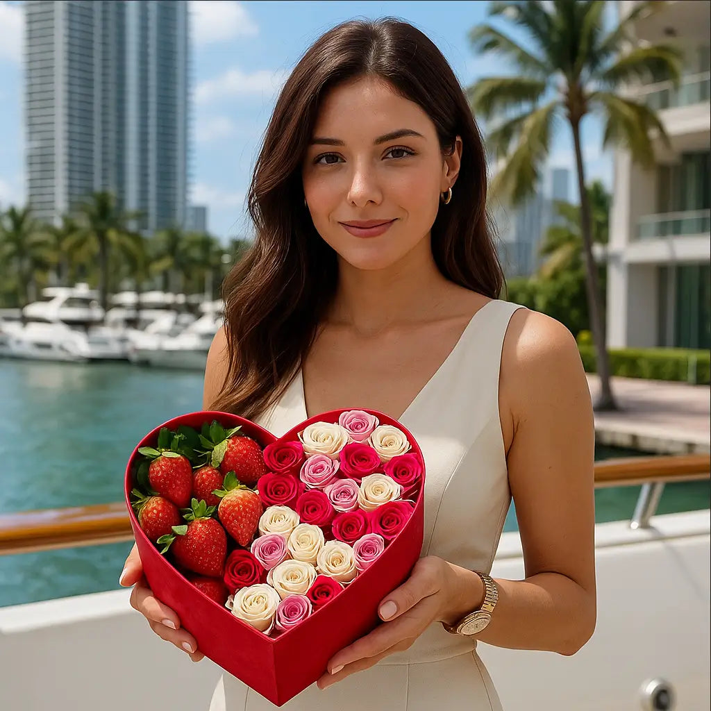 Strawberry Love heart-shaped box with fresh strawberries and roses held by woman on yacht — luxury gift delivery in Miami