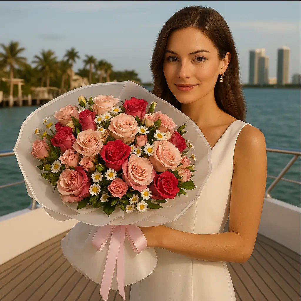 Sun-Kissed bouquet with pink roses and daisies in white wrap held by elegant woman on a yacht in Miami — flower delivery